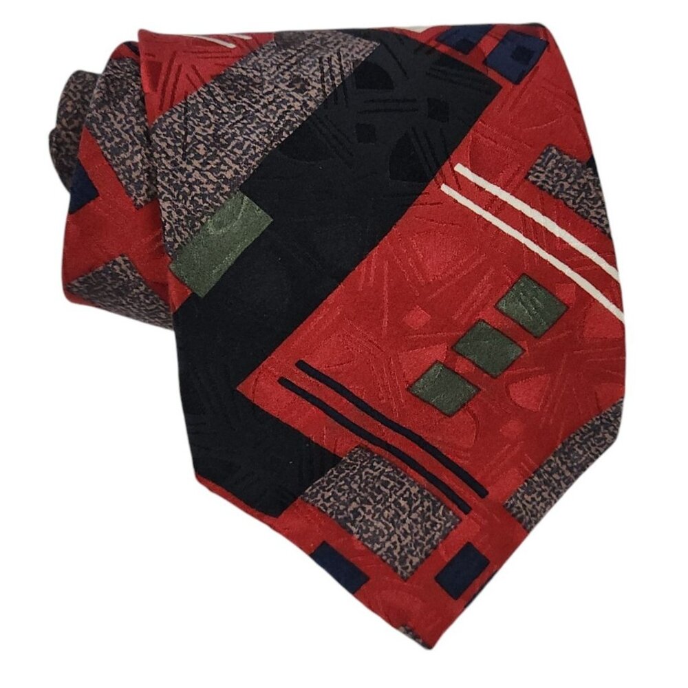Bugatti Geometric Pattern Red & Black 100% Italian Silk Tie